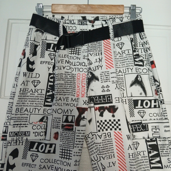 V.I.P. Joggers Canvas Pants Bold Graphic Print Belt Pockets Elastic Waist - Picture 14 of 14